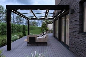 Pergola avec toiture vitrée adossée à sa maison pour plus de lumière