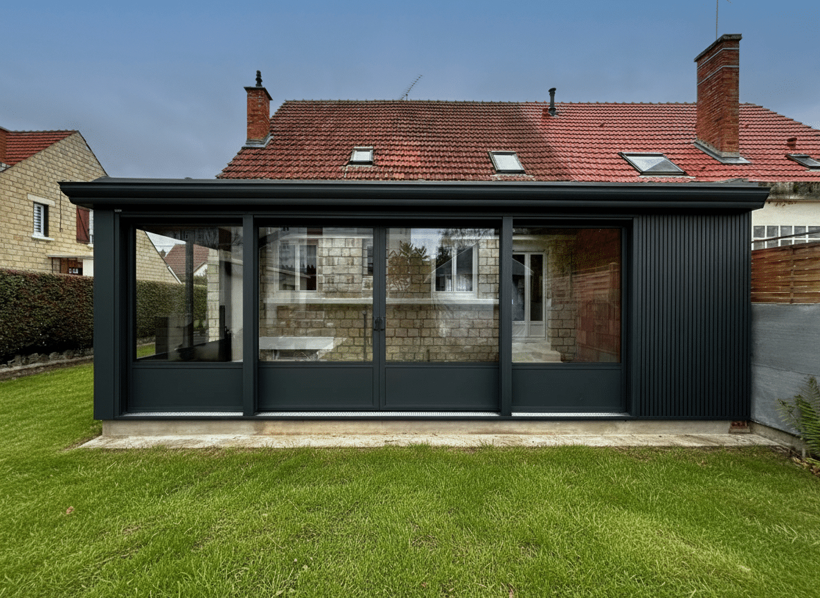 Véranda avec de larges baies vitrées ouverte sur l'extérieur et vue sur le jardin
